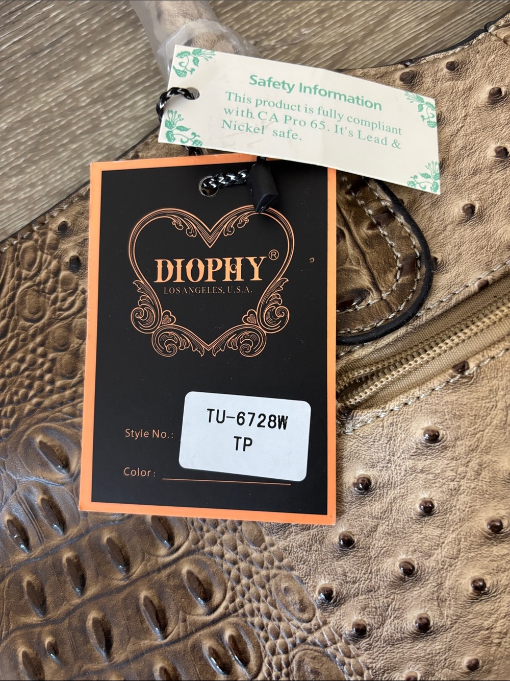 Diophy Taupe Ostrich-Textured Tote with Top Handles - Picture 3 of 10